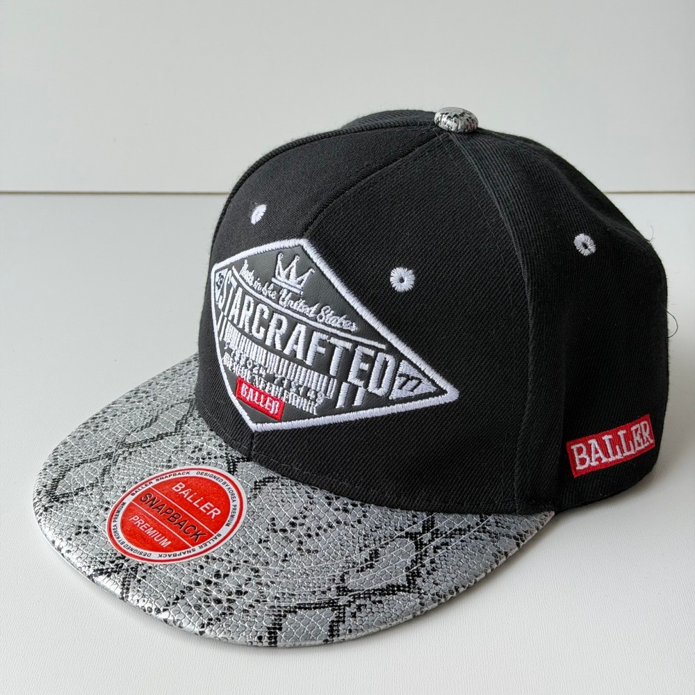 B&B StarCrafted Baller Snapback Hat Black Snakeskin Logo Patch Korean Streetwear